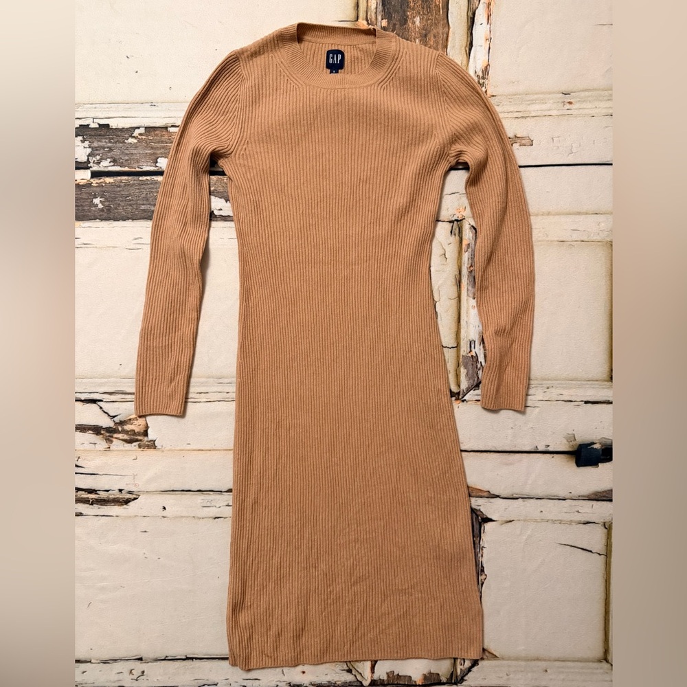 GAP Tan Long Sleeve Ribbed Dress